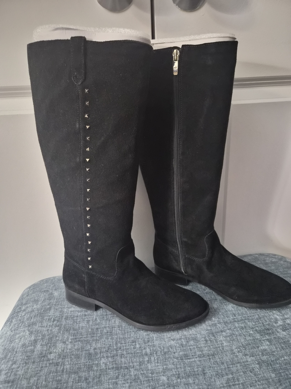 Marc Fisher Black Suede Over-the-Knee Boots with Stud Trim